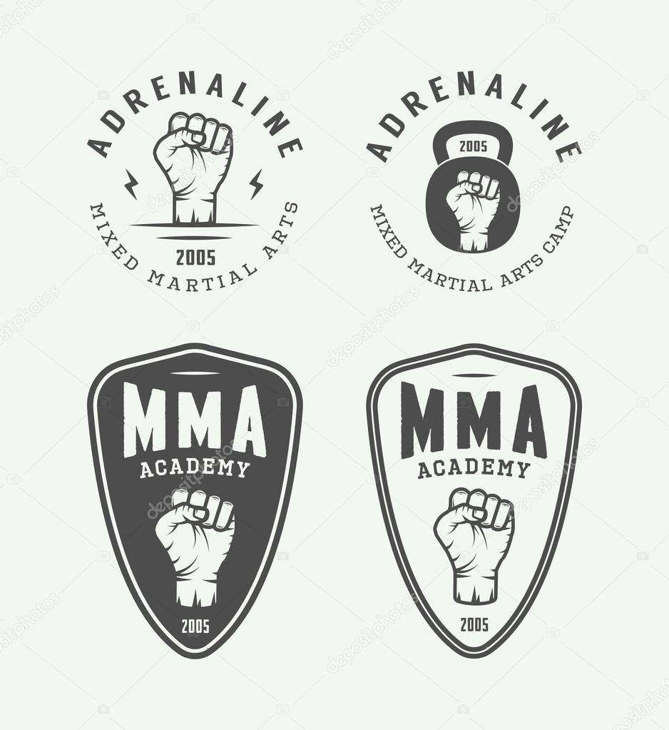 Set of vintage mixed martial arts or fighting club logos, emblems, badges, labels, marks and design elements. Retro graphic art. Vector Illustration.