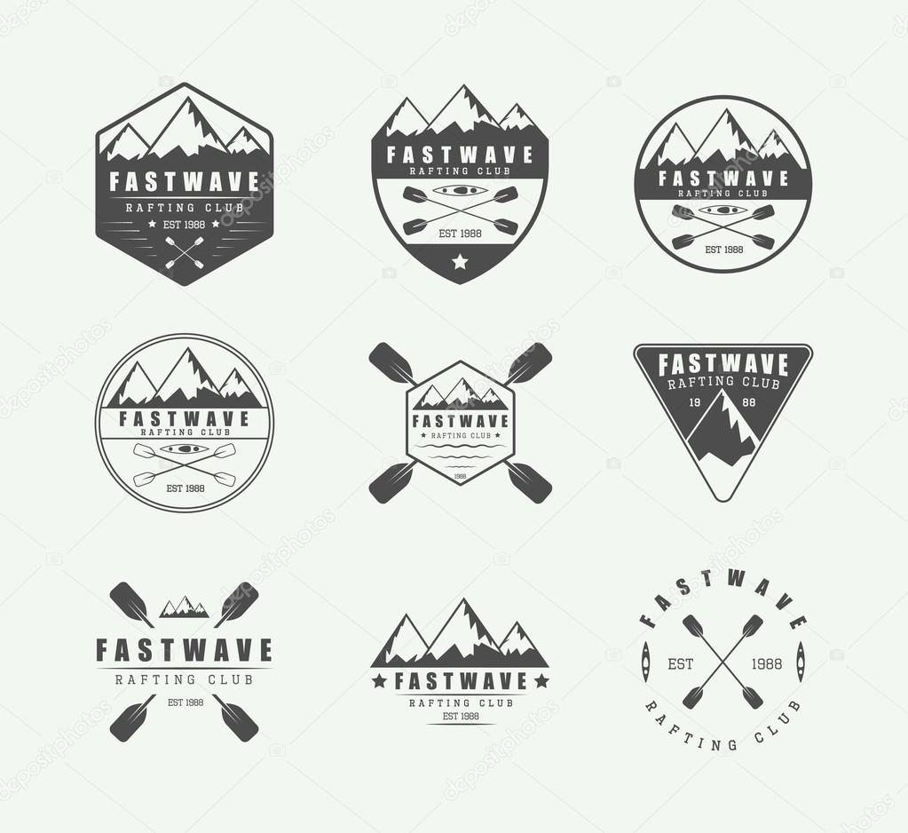 Set of vintage rafting logo, labels and badges. Vector illustration