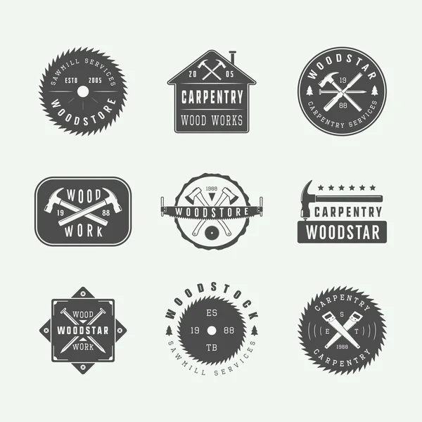 Set of vintage carpentry and mechanic labels, emblems and logo. — Stock Vector