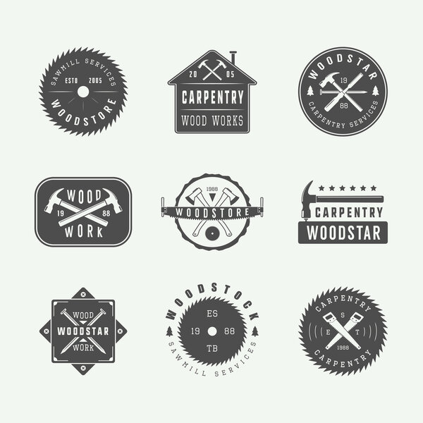 Set of vintage carpentry and mechanic labels, emblems and logo. 