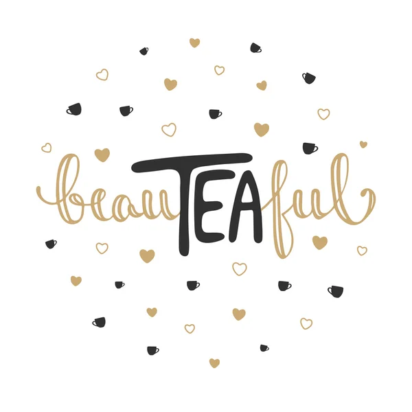 BeauTEAful con pequeñas copas y corazones en círculo . — Vector de stock