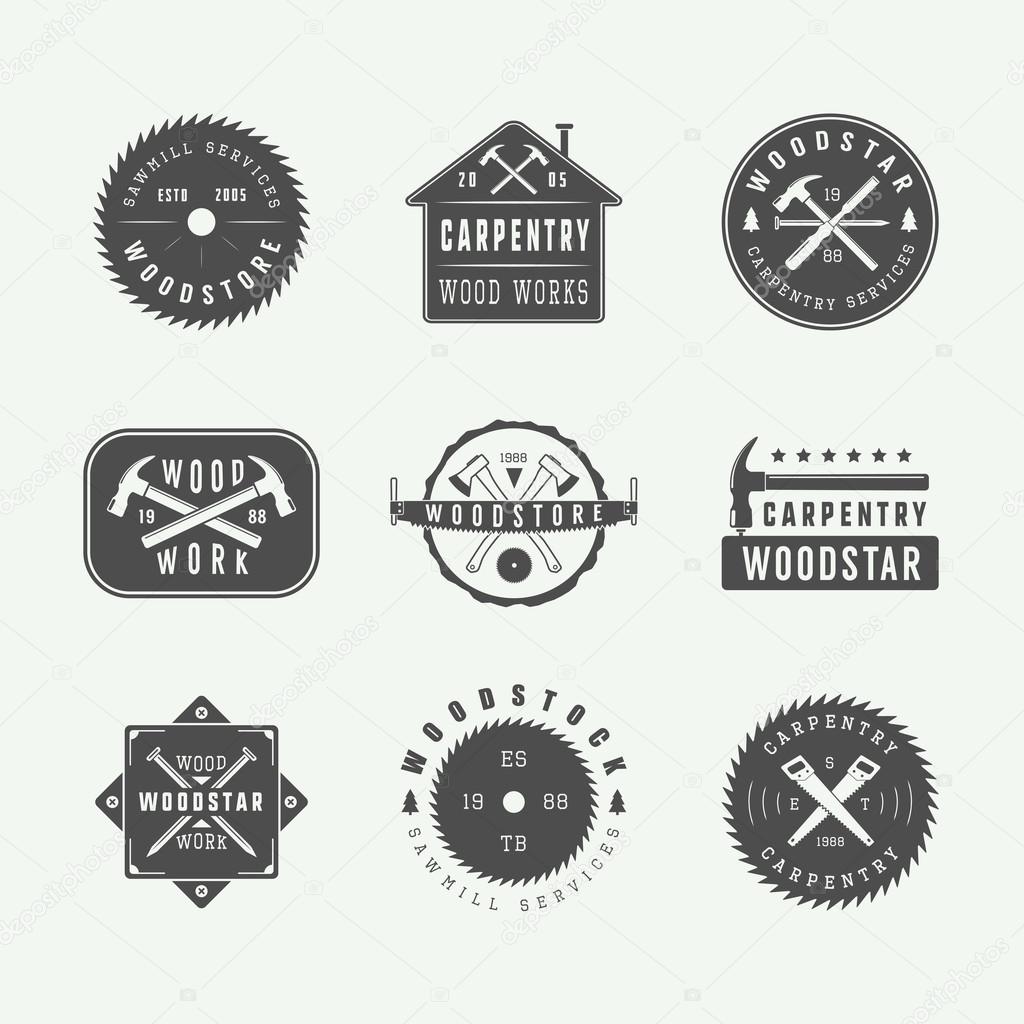 Set of vintage carpentry and mechanic labels, emblems and logo. 