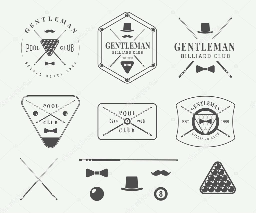 Set of vintage billiard labels, emblems, logo and design elements. Graphic art. Vector Illustration.
