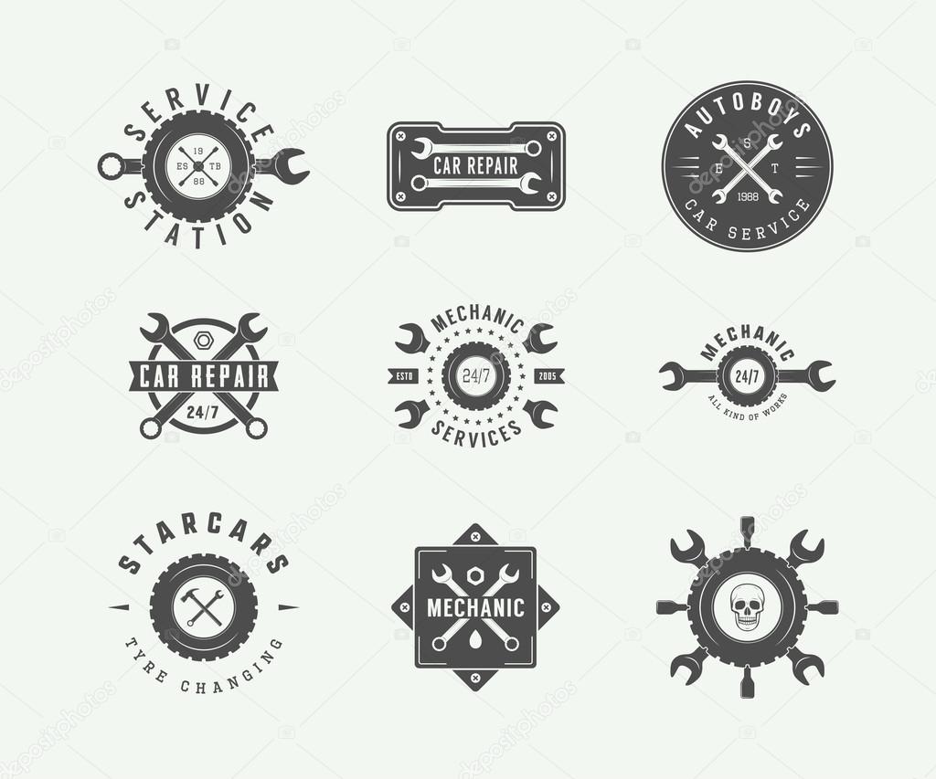 Vintage mechanic and car service logos, emblems, badges, labels, marks, prints and posters. Vector Illustration.