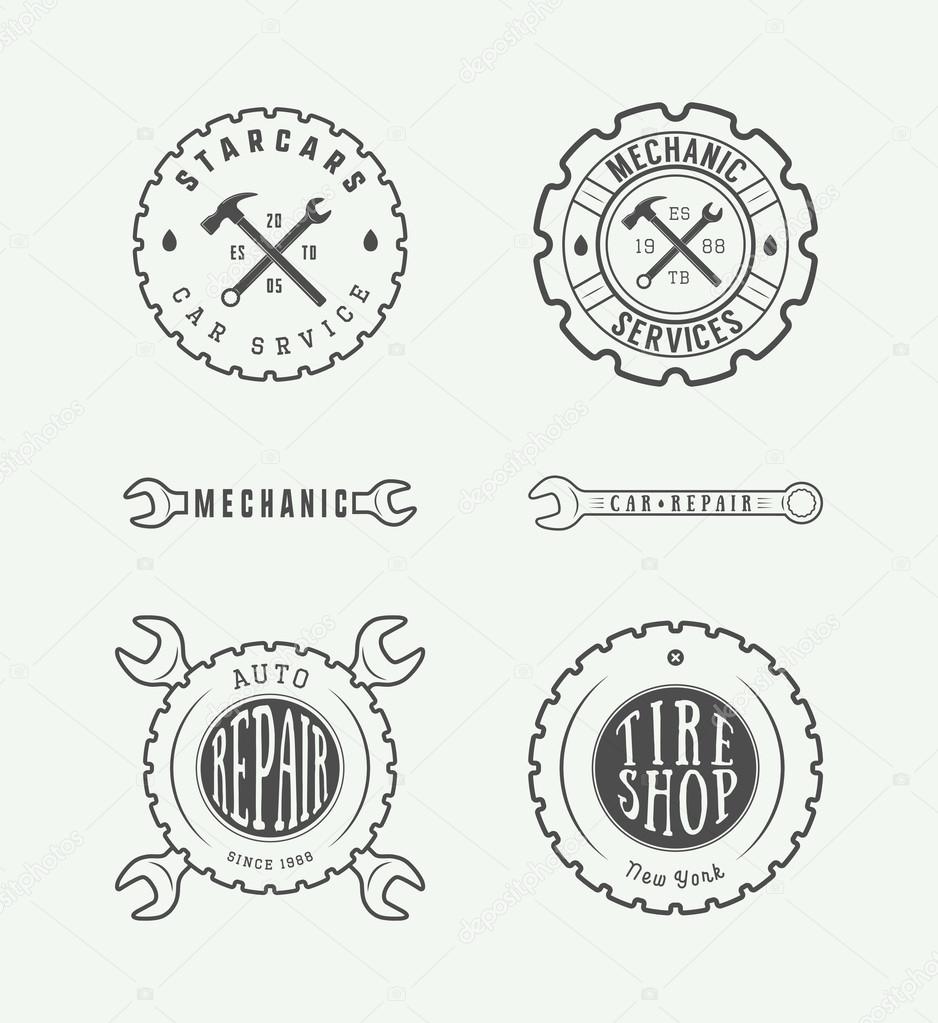 Vintage mechanic label, emblem and logo. Vector illustration. Graphic Art.