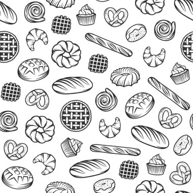 Pastane vektörsüz desen ve oymalı elementler. Ekmek, pasta, çörek, çörek, tatlı ve kek ile arkaplan tasarımı. Modern doğrusal grafik koleksiyonu, pastane için çizimler. 