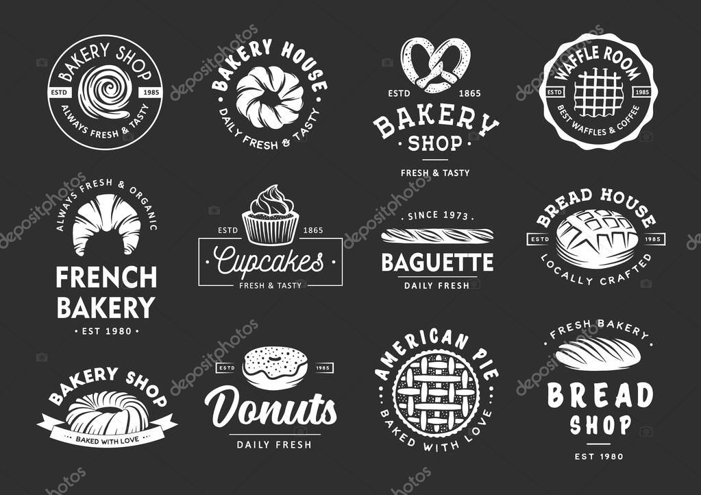 Set of vintage style bakery shop labels, badges, emblems and logo. Vector illustration. White graphic art with engraved design elements. Collection of linear graphic on black background.
