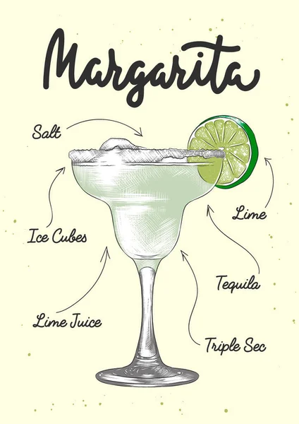 矢量雕刻风格的Margarita酒精鸡尾酒插图海报 标志和印刷品 手绘素描与字母和配方 饮料配料 详细的彩绘 — 图库矢量图片