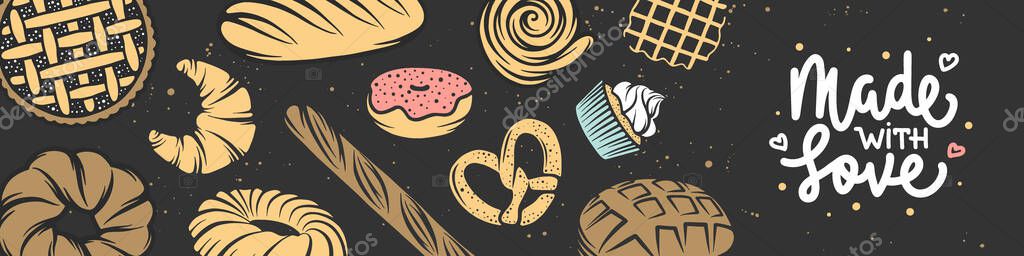 Bakery horizontal banner cover. Lettering advertising design with bread, pastry, pie, buns, sweets, cupcake. Modern hand drawn linear graphic template. Bakery shop. Made with love. — Stock Illustration Bakery Horizontal Banner Cover Lettering Advertising Design Bread Pastry Pie Stock Vector