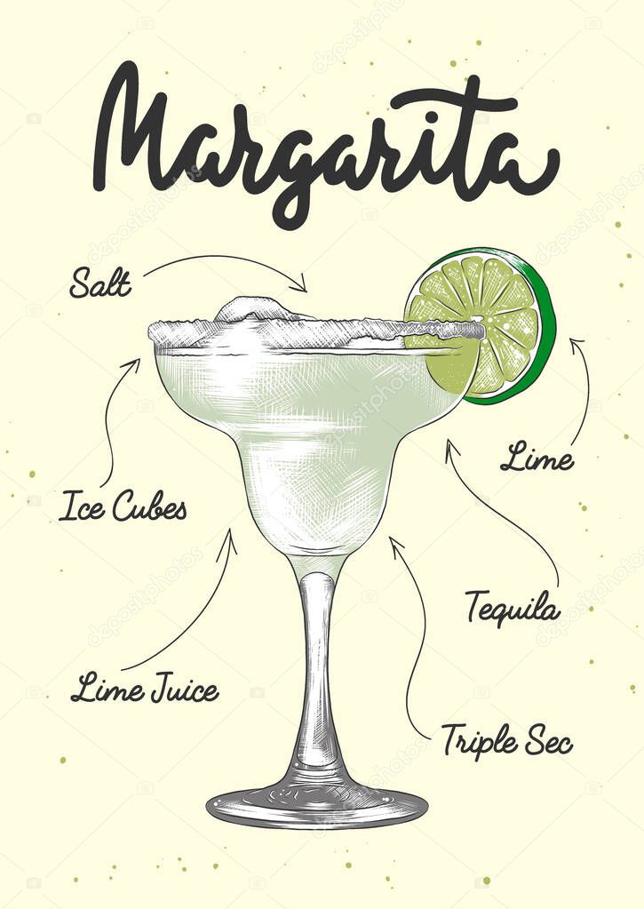 Vector engraved style Margarita alcoholic cocktail illustration for posters, decoration, logo and print. Hand drawn sketch with lettering and recipe, beverage ingredients. Detailed colorful drawing.