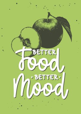 Duvar dekorasyonu ve baskılar için el çizimi eşsiz harf tasarım öğesi olan vektör posteri. Daha iyi yemek, daha iyi ruh hali, elmalı kroki ile modern mono çizimi. El yazısıyla yazılmış vegan harfleri..