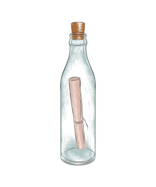 Posterler, dekorasyon ve baskı için oymalı stil çizimi. Beyaz arka planda renkli izole edilmiş bir şekilde şişeye el çizimi mektup. Ayrıntılı vintage ahşap biçimi çizimi.