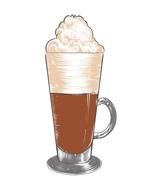 Posterler, dekorasyon ve baskı için oymalı stil çizimi. Beyaz arka planda renkli izole kahve lattesinin el çizimi. Ayrıntılı vintage ahşap biçimi çizimi.