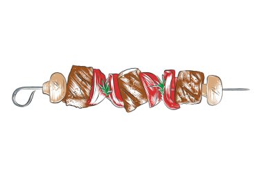 Posterler, dekorasyon ve baskı için oymalı stil çizimi. Şişe ya da beyaz arka planda izole edilmiş ızgara ete el çizimi Şiş 'lik. Ayrıntılı vintage ahşap biçimi çizimi.