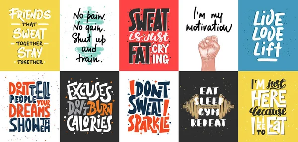 10 motivasyon ve ilham verici harf seti, dekorasyon, baskılar, spor, spor, spor ve spor için tişört tasarımı. El çizimi tipografi. El yazısıyla yazılmış harfler. Modern mürekkep fırçası kaligrafi.
