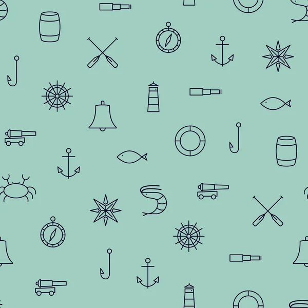 Ship & Sea line icons seamless pattern on blue background — Stock Vector