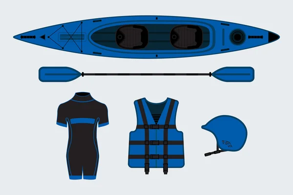 Blue flat rafting set with kayak, helmet, paddle, sweam suit and life jacket — Stock Vector