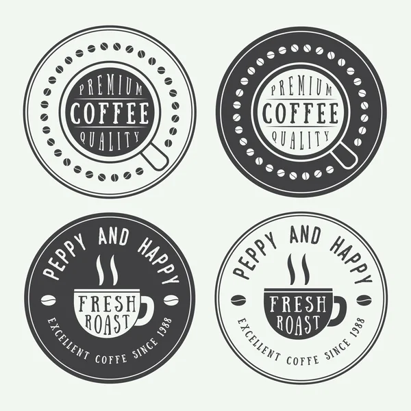 Set of vintage coffee logos, labels and emblems with cup, dish and grains — Stock Vector