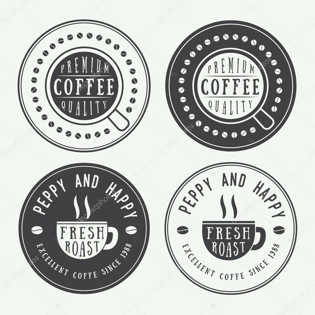 Set of vintage vector coffee logos, labels and emblems with cup, dish and grains
