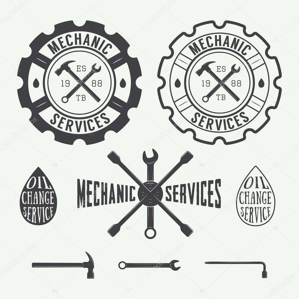Set of vintage carpentry and mechanic vector labels, emblems and logo