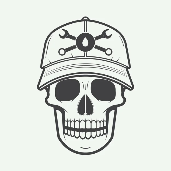 Etiqueta de logotipo mecánico vector Vintage con cráneo, llave inglesa — Vector de stock