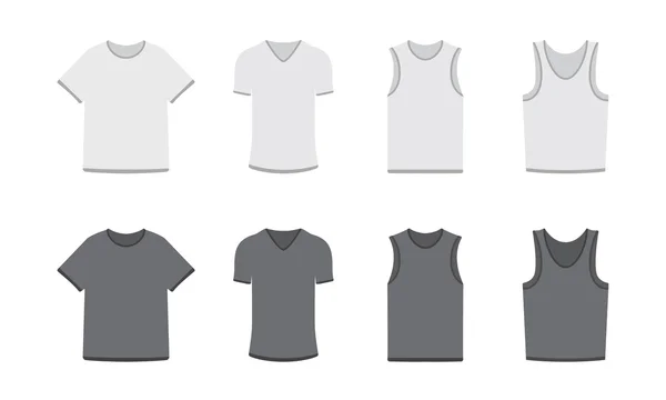 Sett av ulike typer T-skjorter i mørk og lys farge – stockvektor