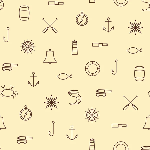 Icônes de la ligne Ship & Sea motif sans couture sur fond beige — Image vectorielle