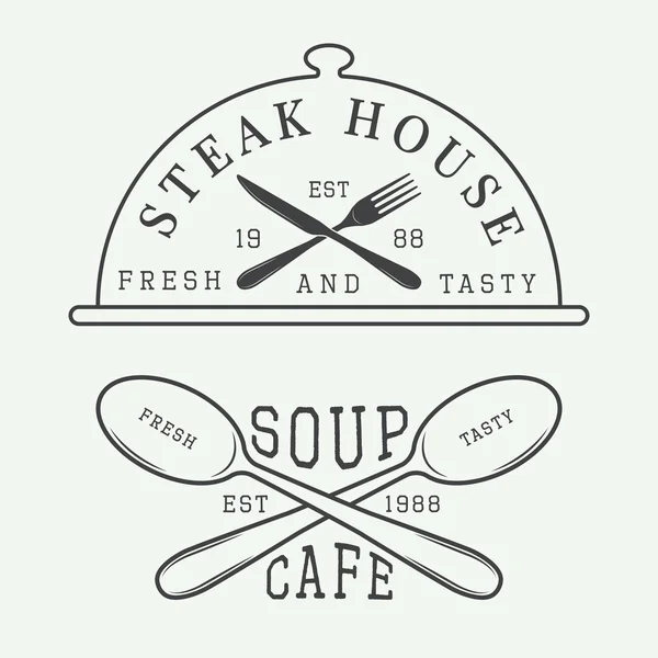 Set of vintage cafe and steak house logo, badge and emblem with spoons, forks and knifes — Stock Illustration Set of vintage cafe and steak house logo, badge and emblem with spoons, forks and knifes Royalty Free Stock Illustrations