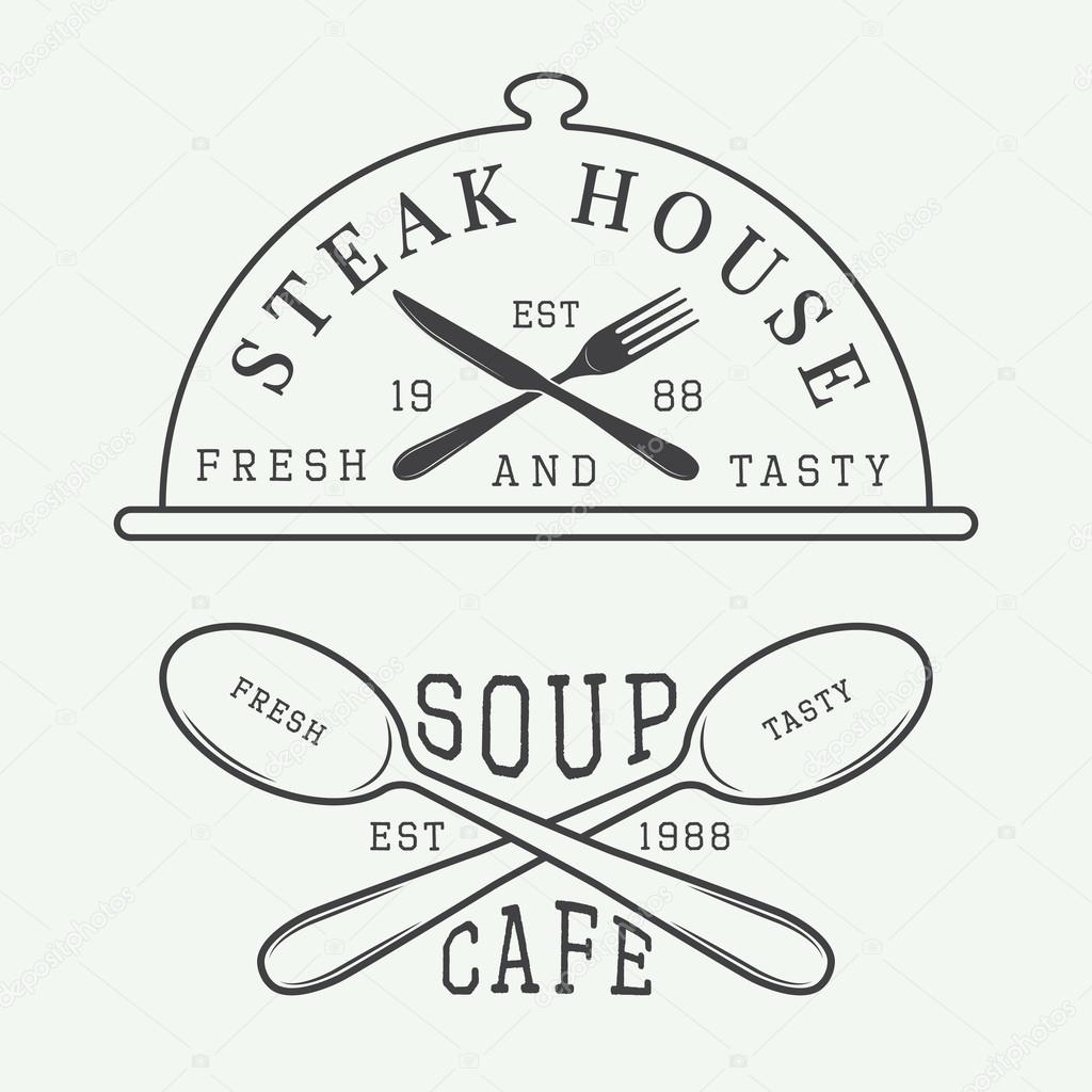 Set of vintage cafe and steak house vector logo, badge and emblem with spoons, forks and knifes