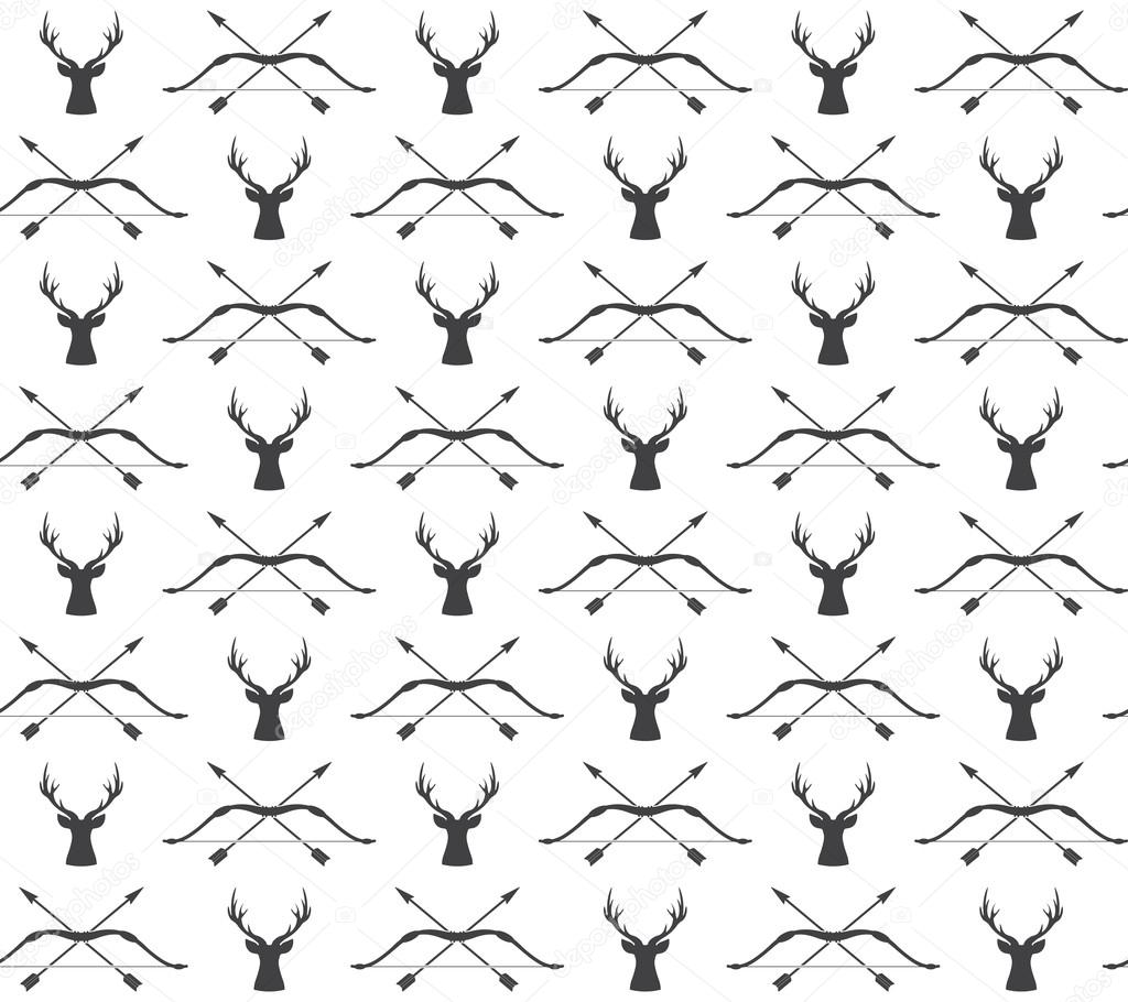 Vector seamless vintage hunting pattern with deer and bow