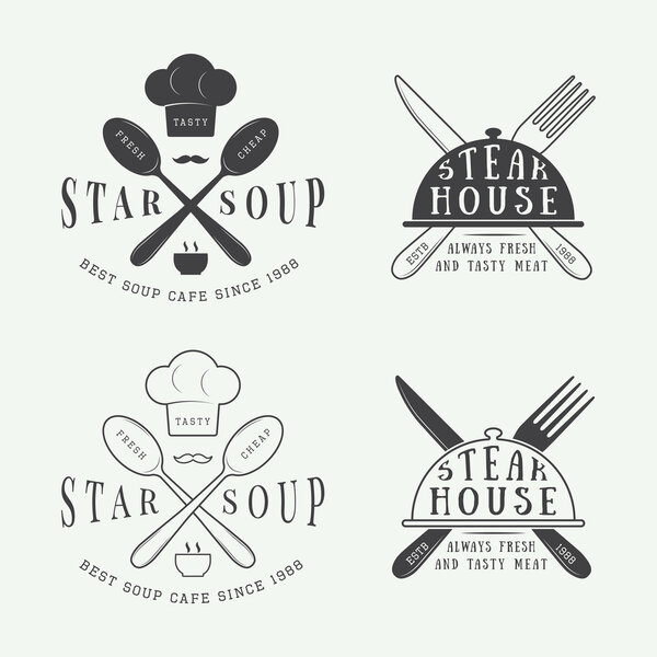 Set of vintage restaurant logo, badge and emblem with spoons, forks and knifes