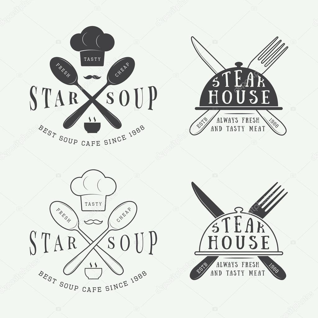 Set of vintage restaurant vector logo, badge and emblem with spoons, forks and knifes