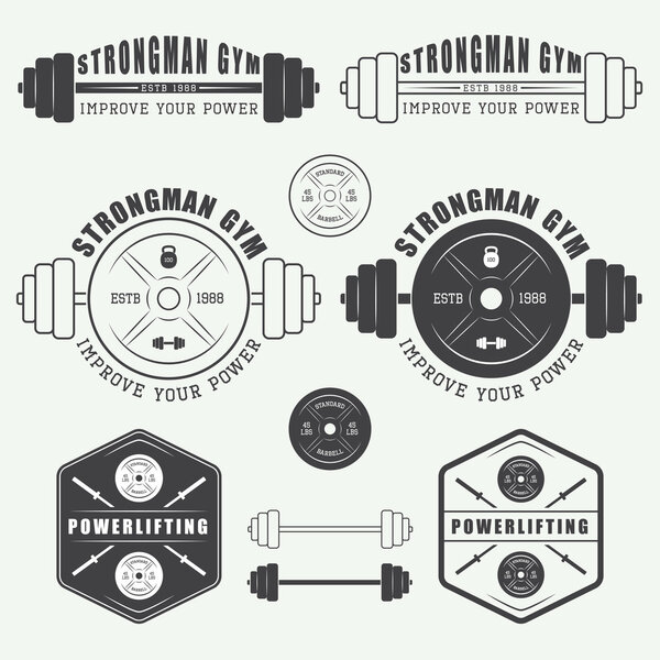 Набор логотипа спортзала, этикеток, значков и элементов в винтажном стиле
