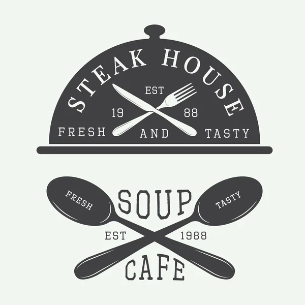 老式咖啡馆和牛排套房子标志、 徽章和会徽与勺子，叉子和刀 — 图库矢量图片