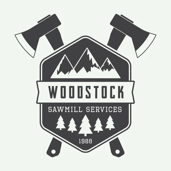 Vintage sawmill logo with axes, rocks, trees — Stock Vector