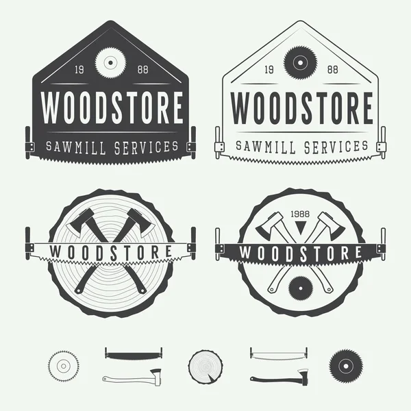 Uppsättning av vintage sågverk etiketter, emblem, logotyp, märken och designelement — Stock vektor