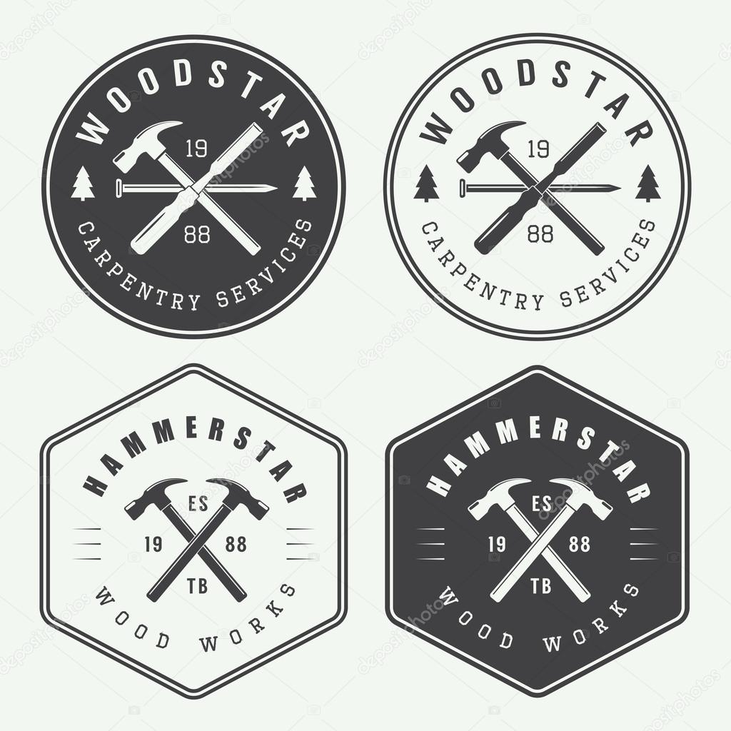 Set of vintage carpentry and mechanic vector labels, emblems and logo