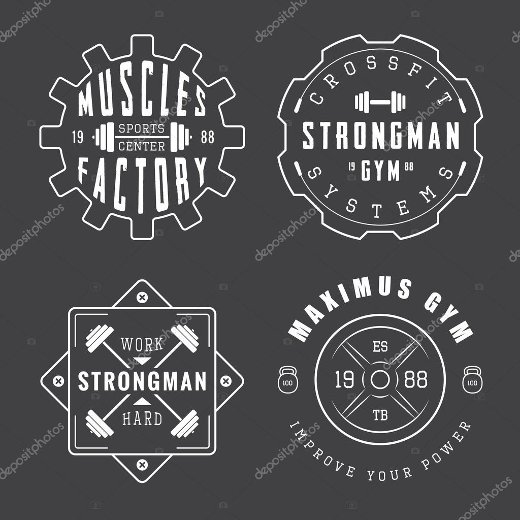 Set of gym vector logos, labels and slogans in vintage style