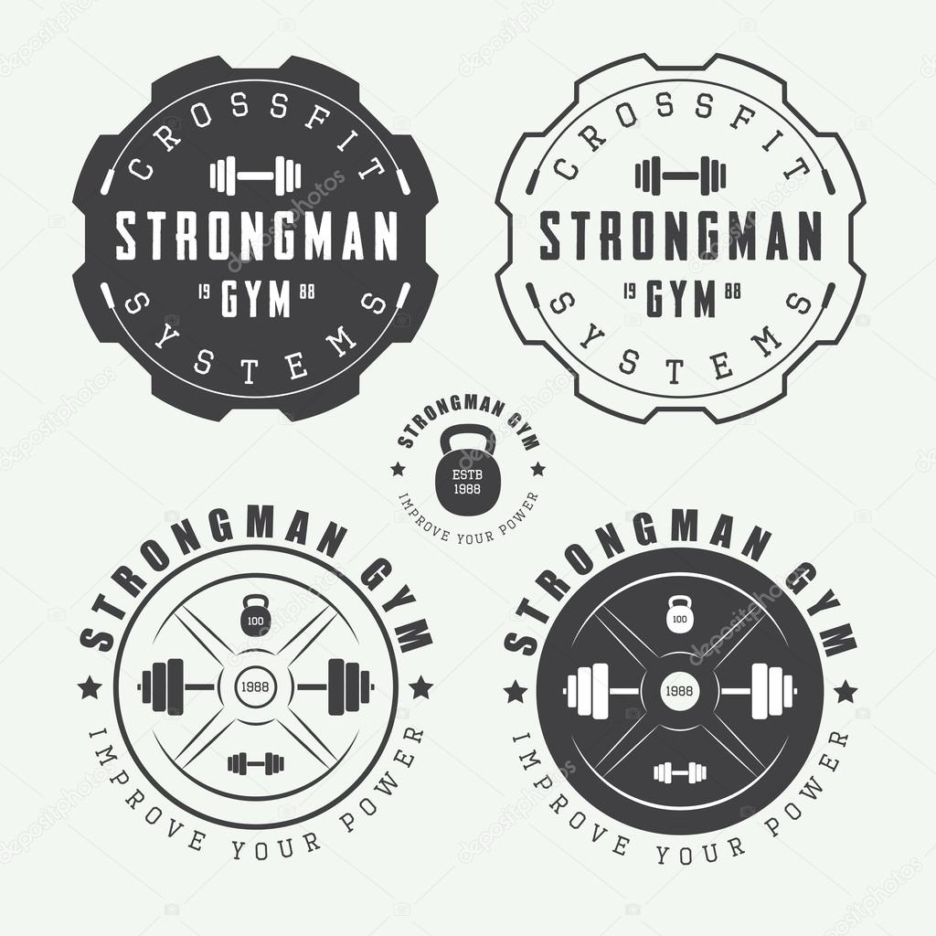 Set of gym vector logos, labels and slogans in vintage style
