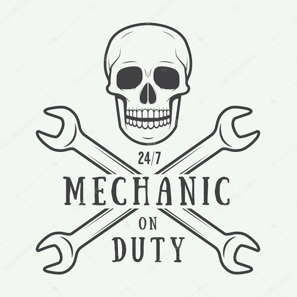 Vintage vector mechanic logo label with skull, wrench