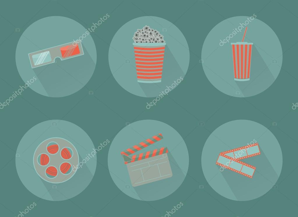 Flat cinema vector icons with shadows