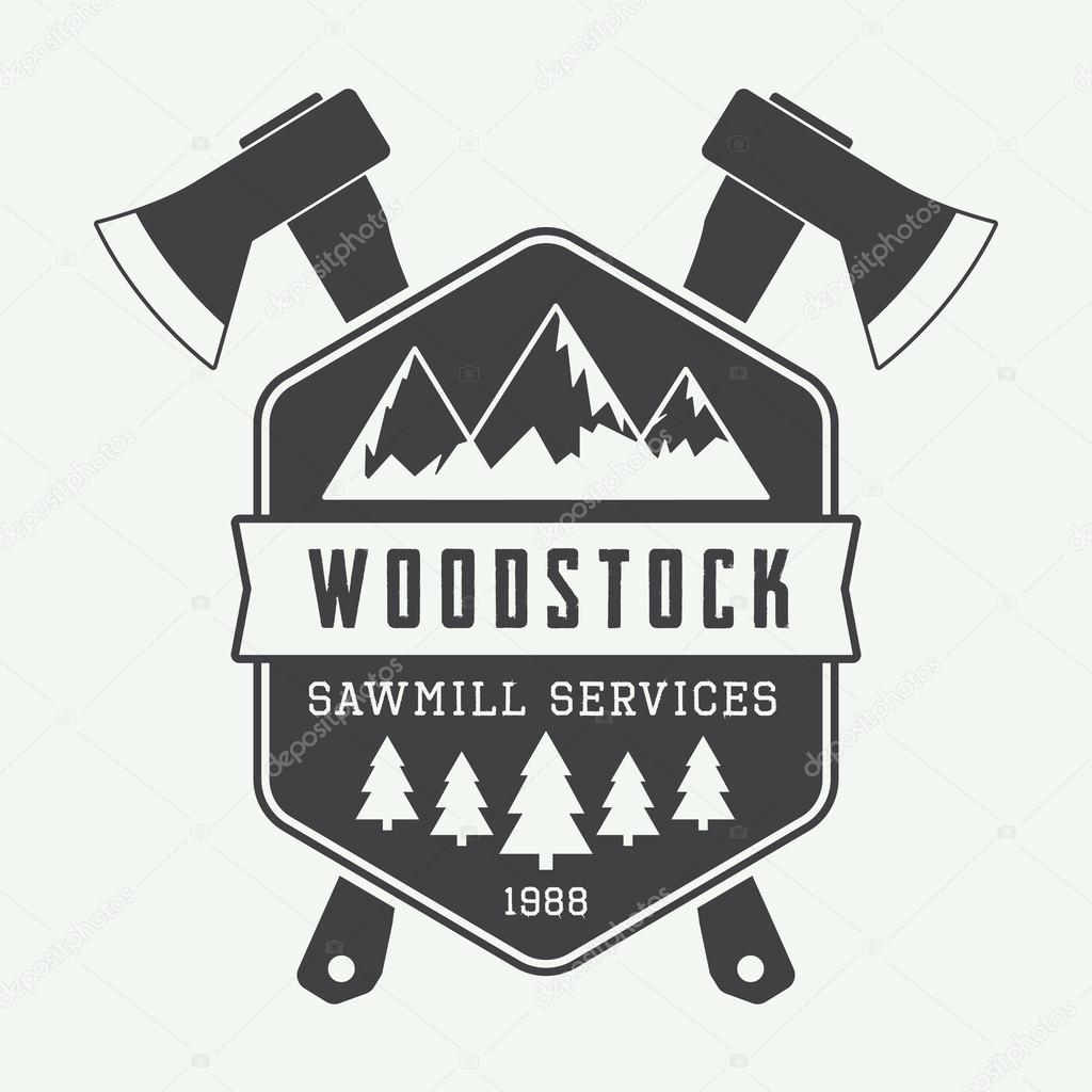 Vintage sawmill vector logo with axes, rocks, trees