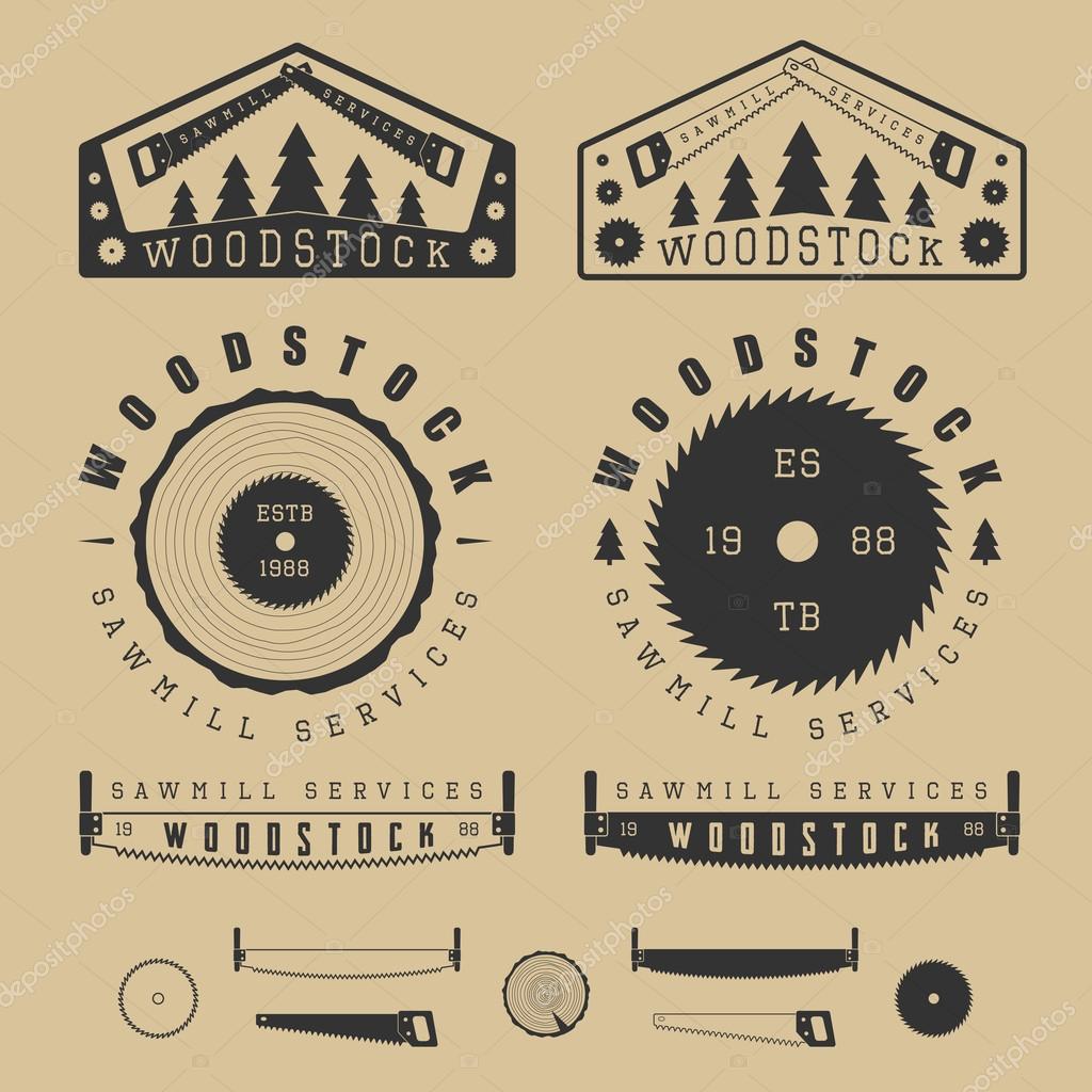 Set of vintage sawmills vector labels, emblems, logo, badges and design elements