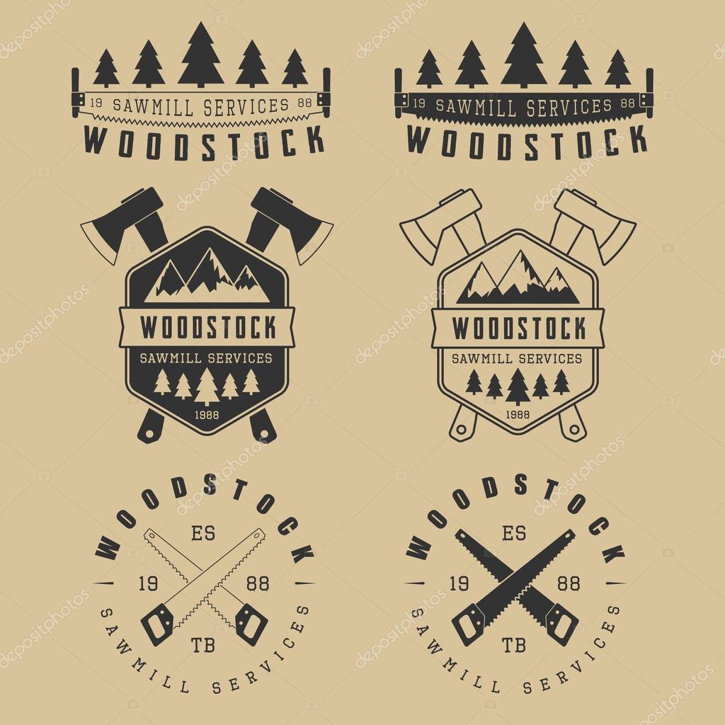 Set of vintage sawmills vector labels, emblems, logo, badges and design elements