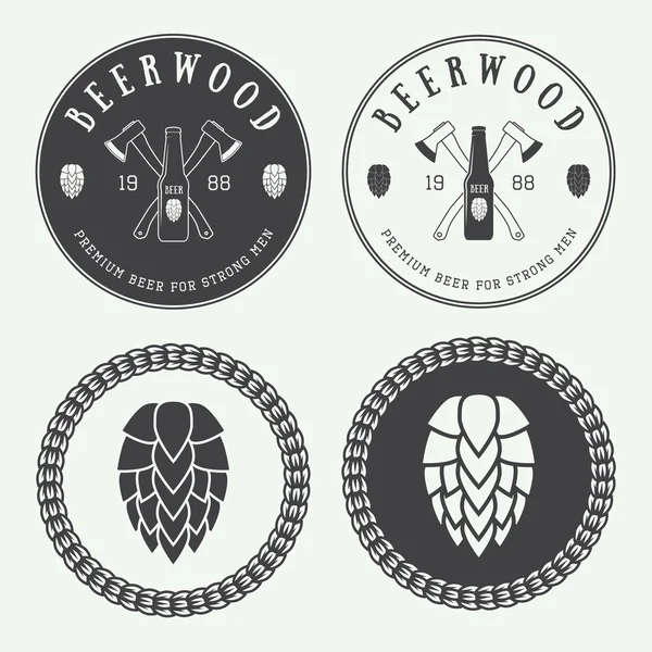 Set of vintage beer and pub logos, labels and emblems with bottles, hops, axes and wheat — Wektor stockowy