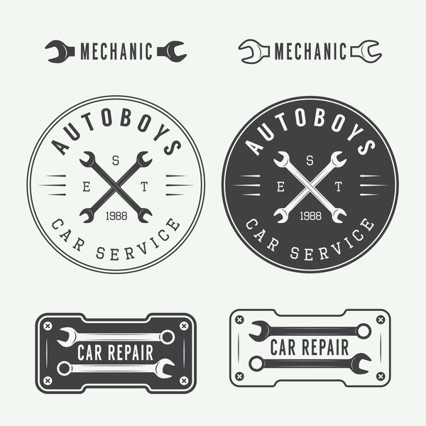 Set of vintage mechanic labels, emblems and logo