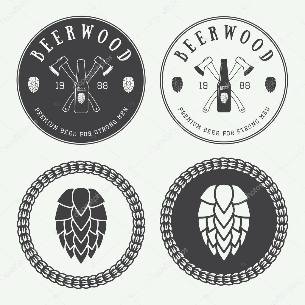 Set of vintage beer and pub logos, labels and emblems with bottles, hops, axes and wheat