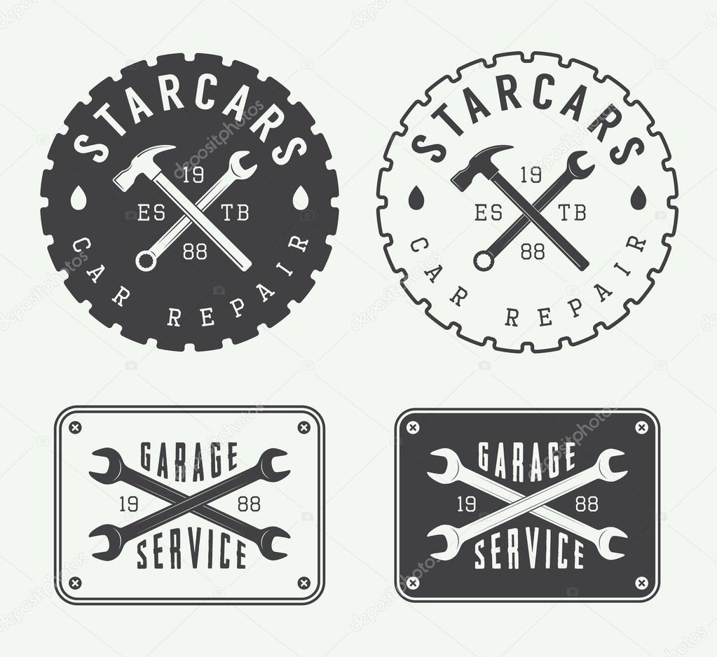 Set of vintage mechanic labels, emblems and logo. Vector illustration
