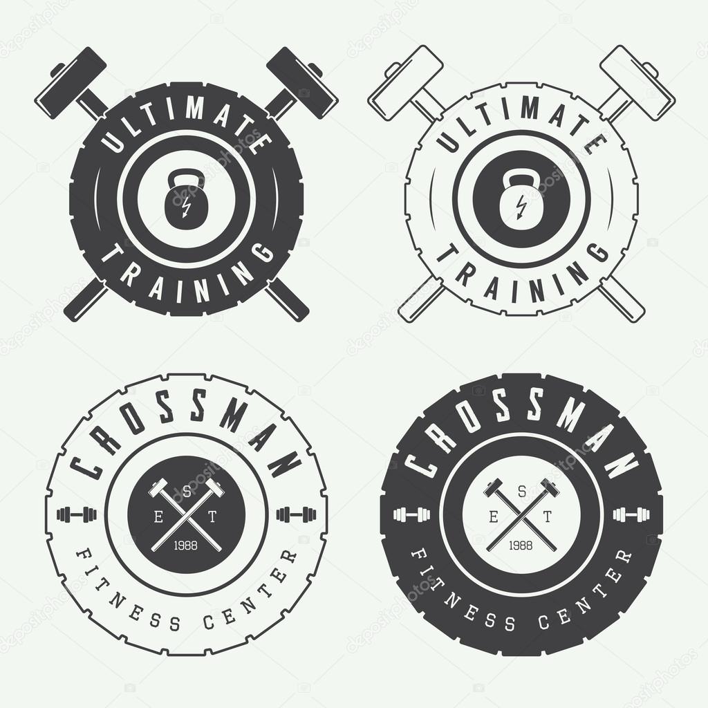Set of gym vector logos, labels and slogans in vintage style