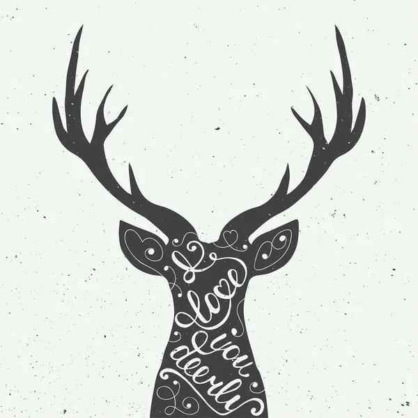 Card with hand drawn typography design element and deer for greeting cards, posters and print. I love you deerly isolated on white background — Wektor stockowy